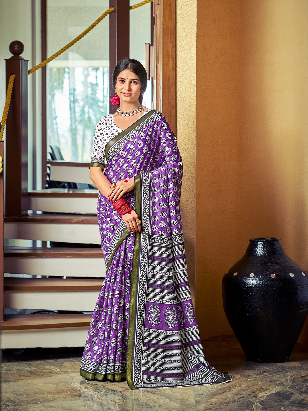 

VEECHIS Ethnic Motifs Zari Pure Cotton Saree, Purple