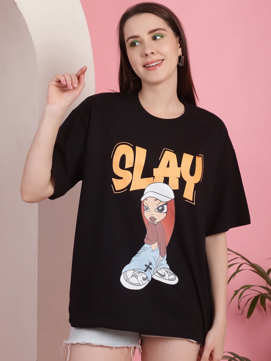 

Tromko Women Graphic Printed Round Neck Cotton Oversized T-shirt, Black