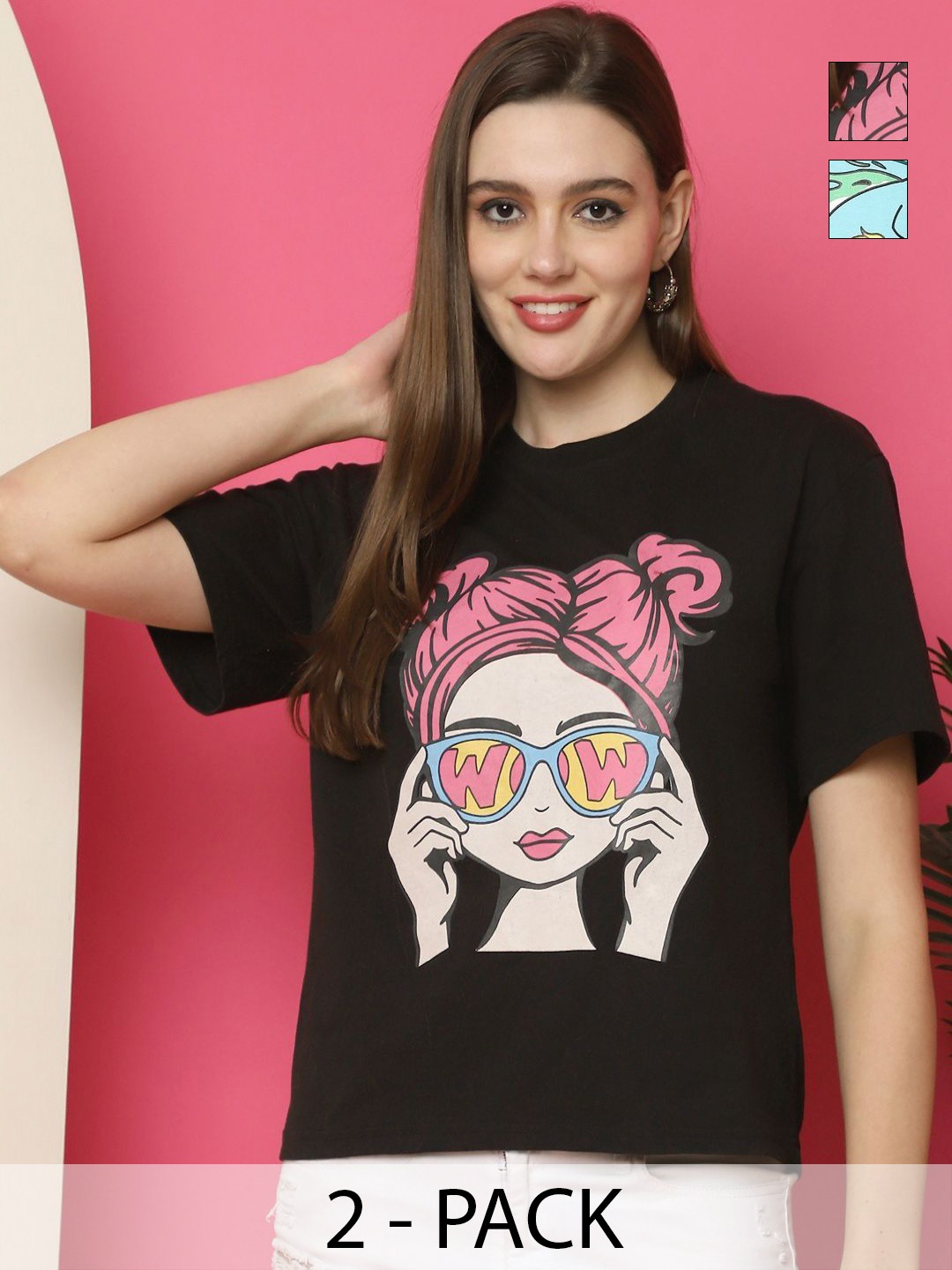 

Tromko Women Pack of 2 Graphic Printed Round Neck Cotton Oversized T-shirts, Black