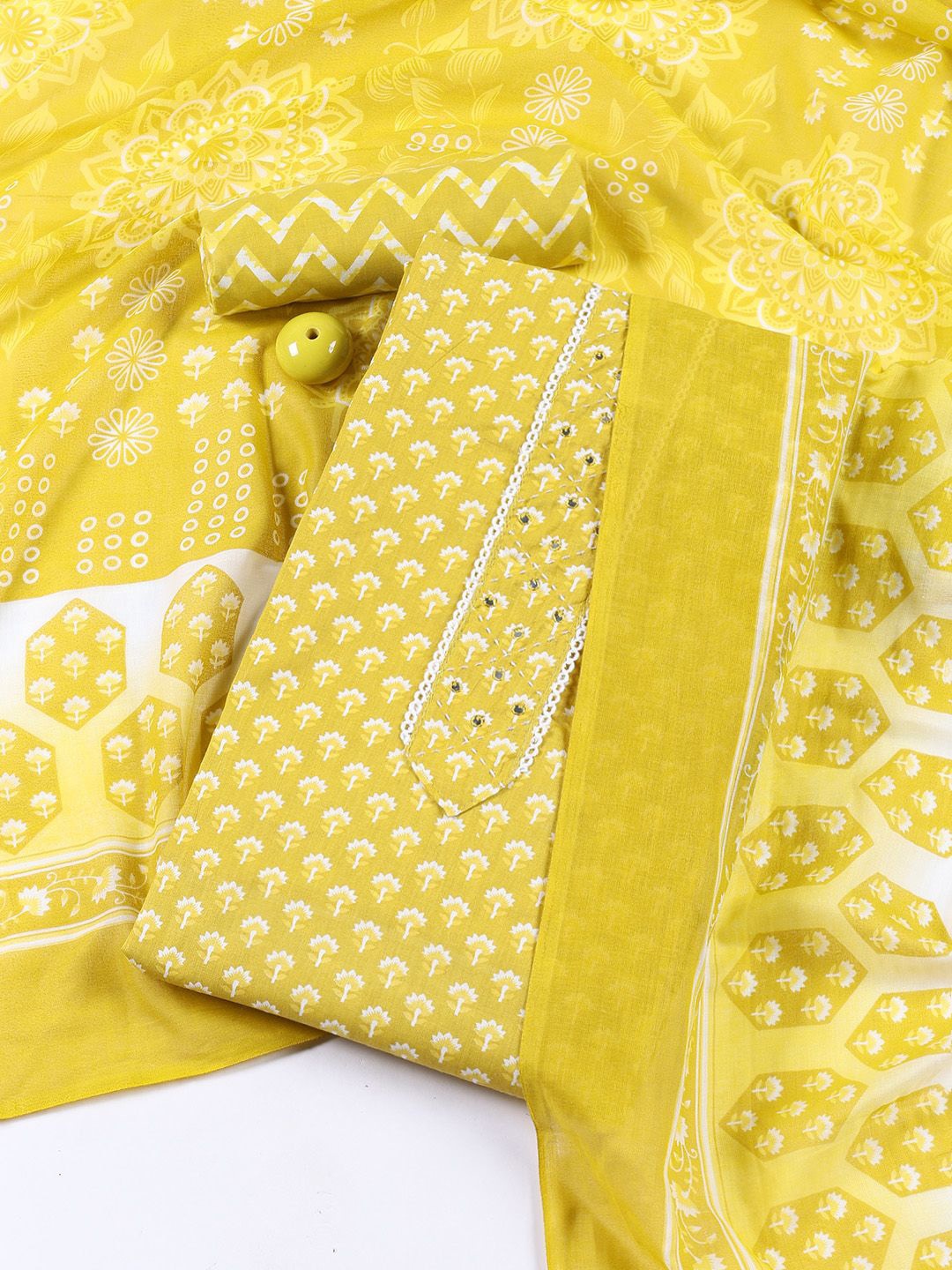 

Meena Bazaar Floral Printed Mirror Work Unstitched Dress Material, Mustard
