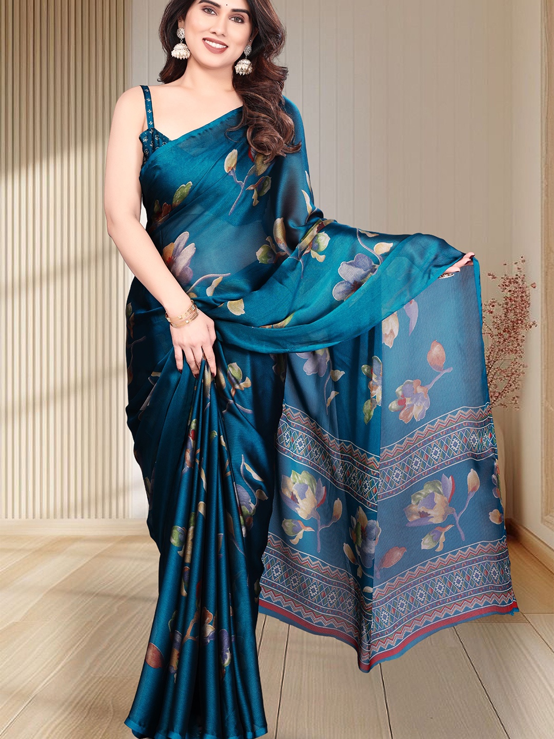 

MAGNEITTA Floral Pure Chiffon Saree With Blouse Piece, Teal