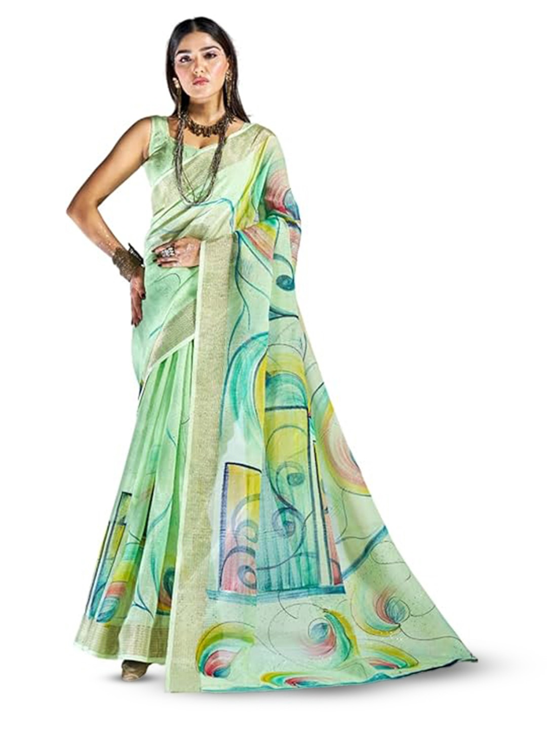 

BW X BUTTERFLY Floral Hand Printed Sequined Pure Cotton Saree With Blouse Piece, Green