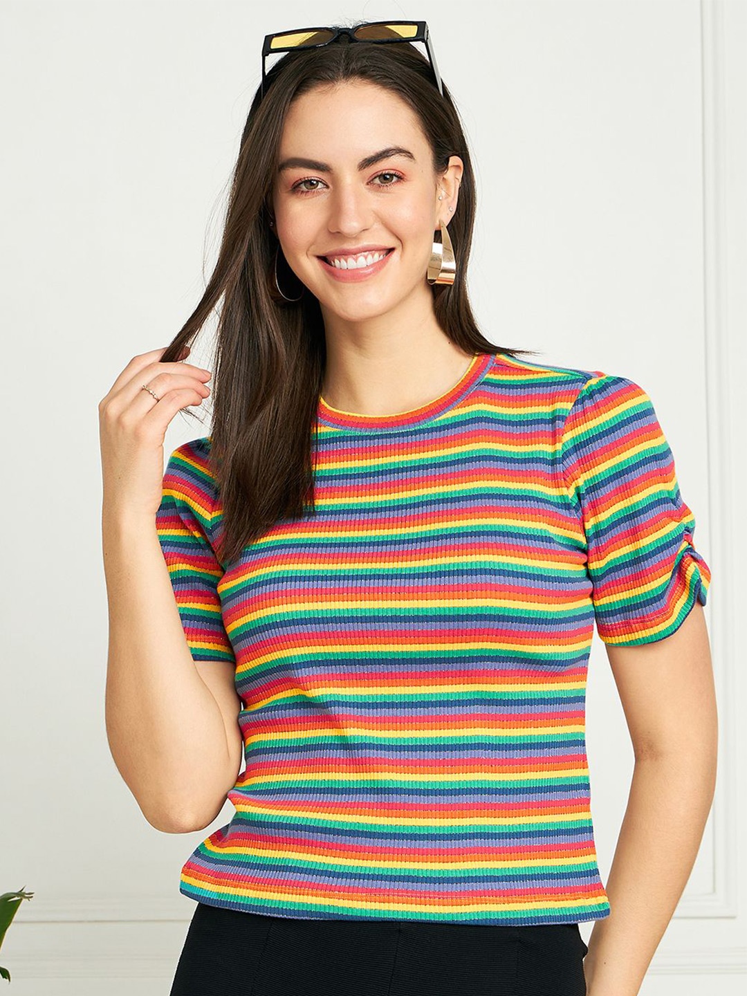 

PIVL Women Round Neck Candy Striped Fitted Top, Red