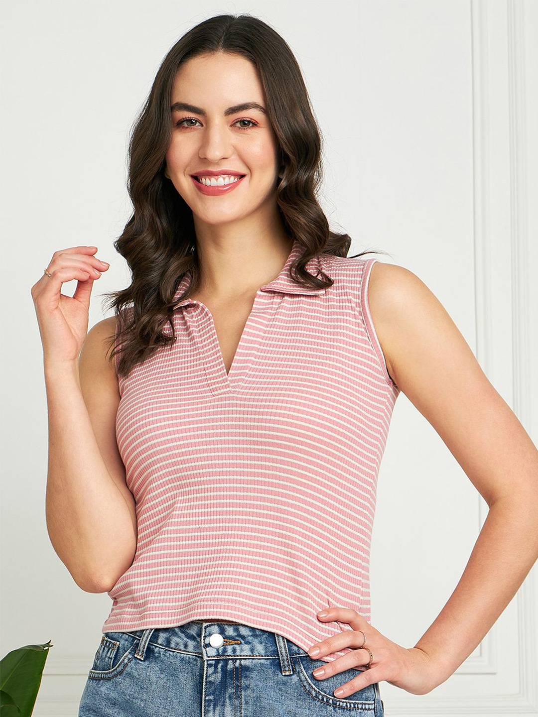 

PIVL Women Striped Shirt Collar Sleeveless Top, Pink