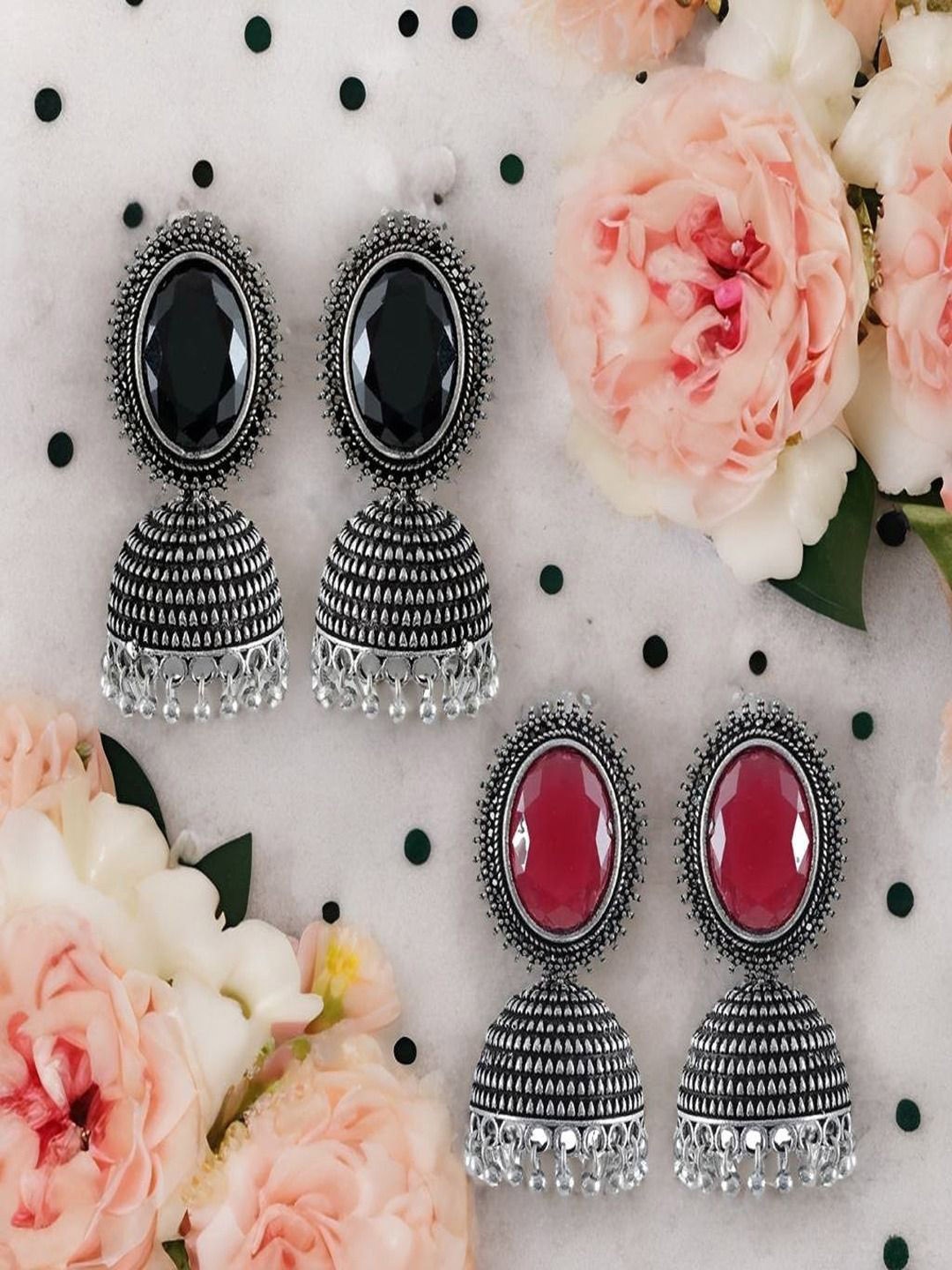 

Sangria Set Of 2 Silver-Plated Stone Studded & Beaded Oxidised Dome Shaped Jhumkas