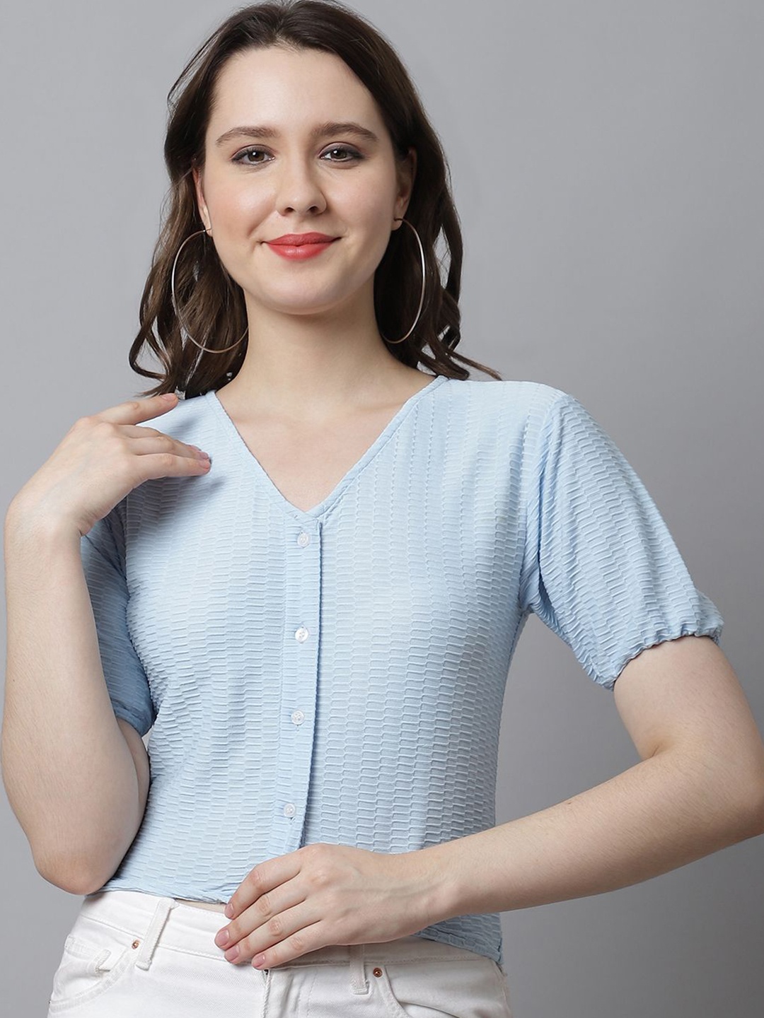 

JAKANARY Women Puff Sleeves Regular Top, Blue