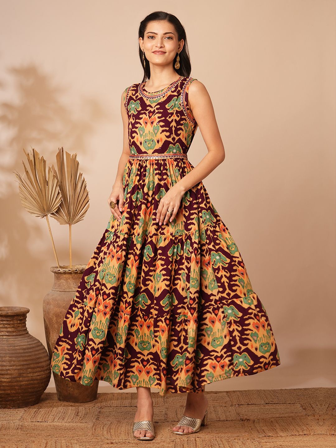 

FASHOR Ethnic Motifs Printed Tiered Fit and Flare Maxi Dress, Brown