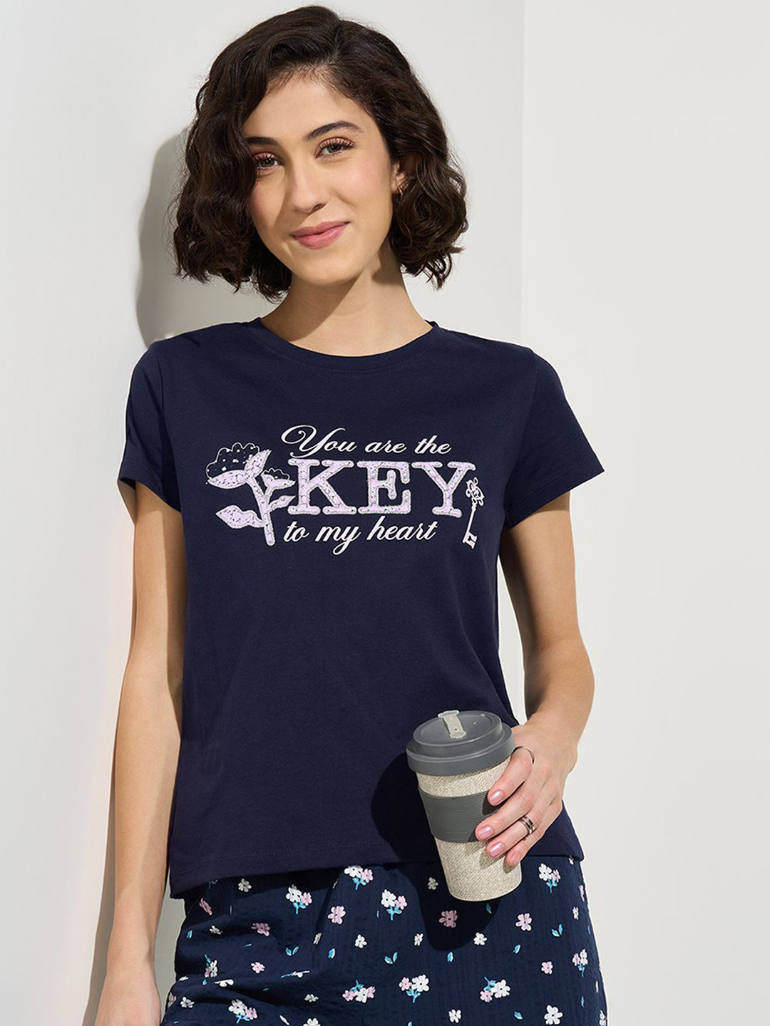 

Dreamz by Pantaloons Women Pure Cotton Printed Lounge T-Shirt, Navy blue
