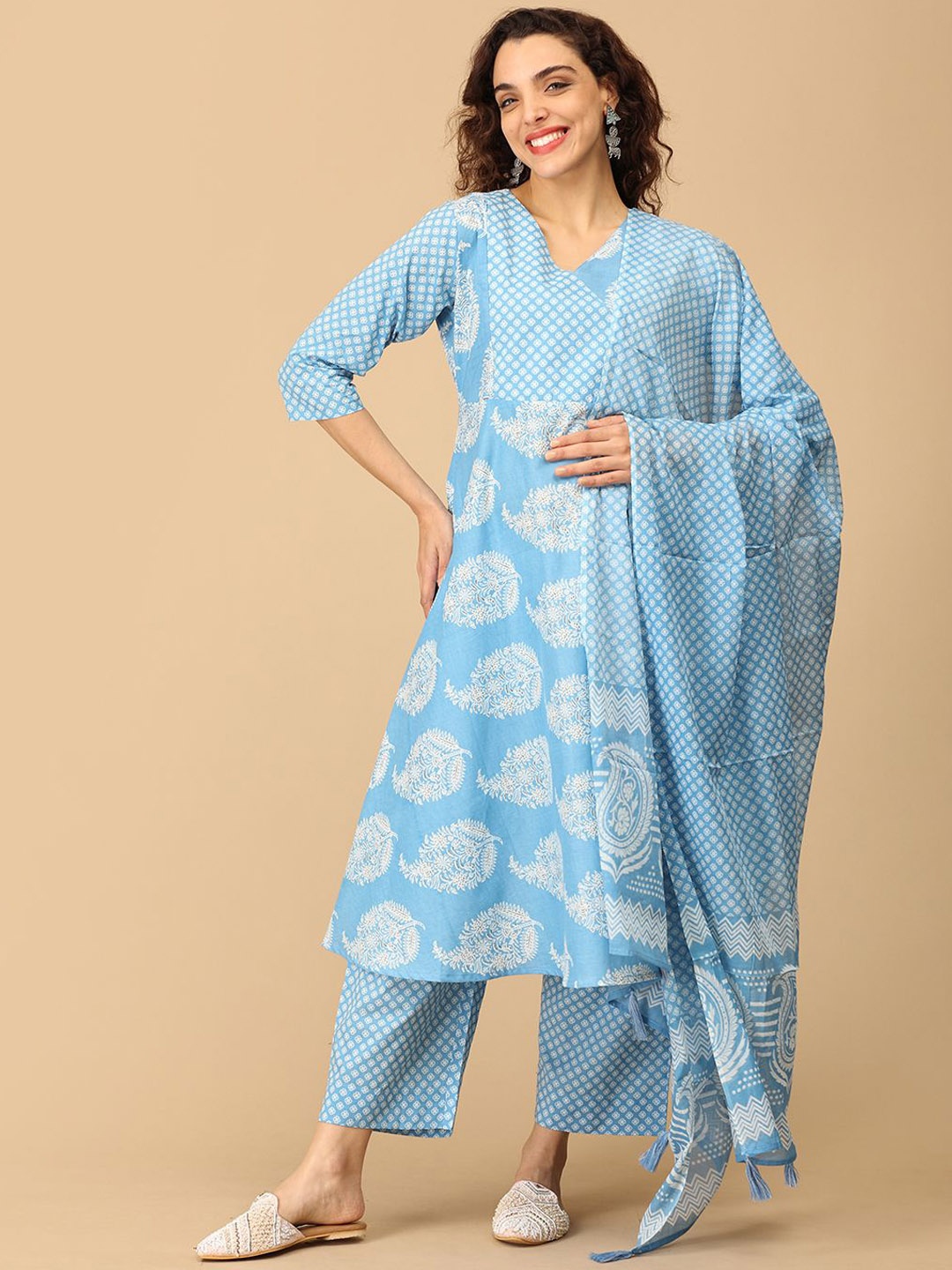 

The Mom Store Floral Printed Pure Cotton V-Neck Maternity A-Line Kurta & Palazzo & Dupatta, Blue