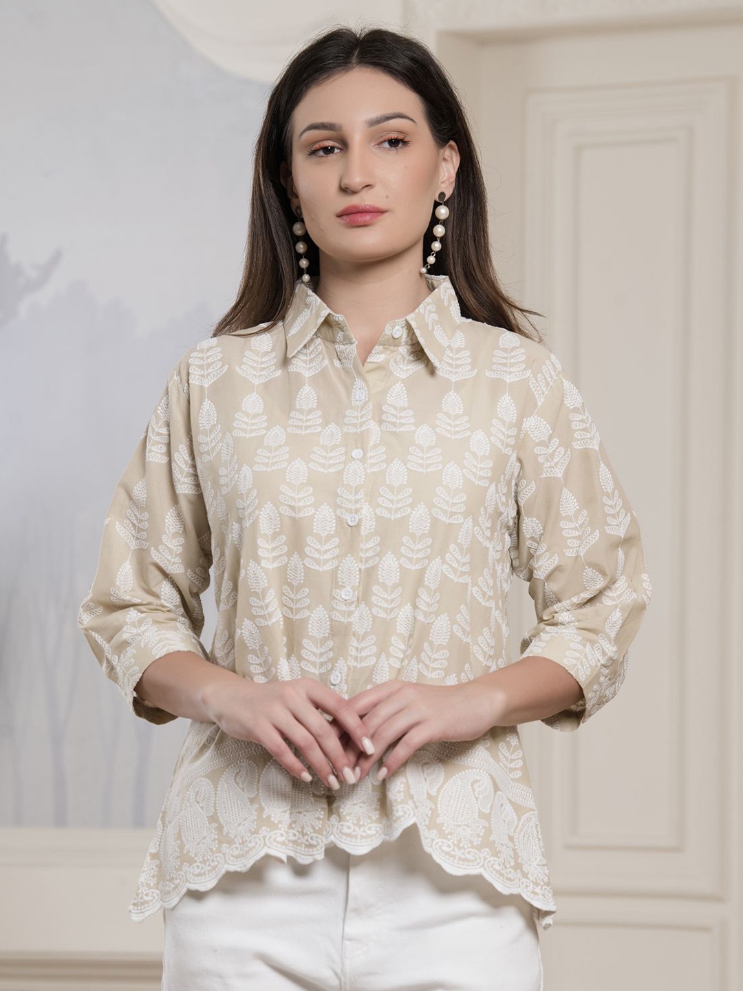 

Albion By CnM Paisley Printed Cotton Shirt Collar Shirt Style Top, Beige