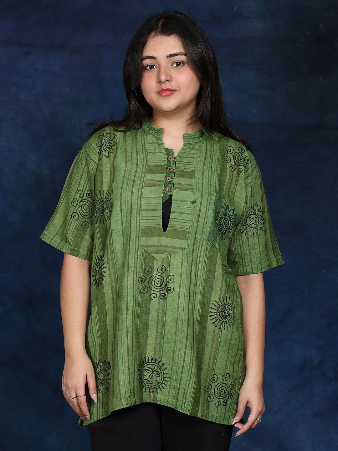 

Exotic India Printed Hindu Religious Symbols Short Kurti with Pinstripe Pattern, Green