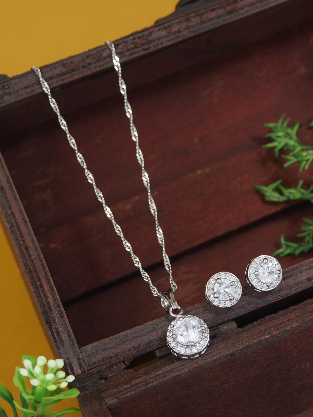

I Jewels Silver Plated CZ & American Diamond Stone Studded Jewellery Set
