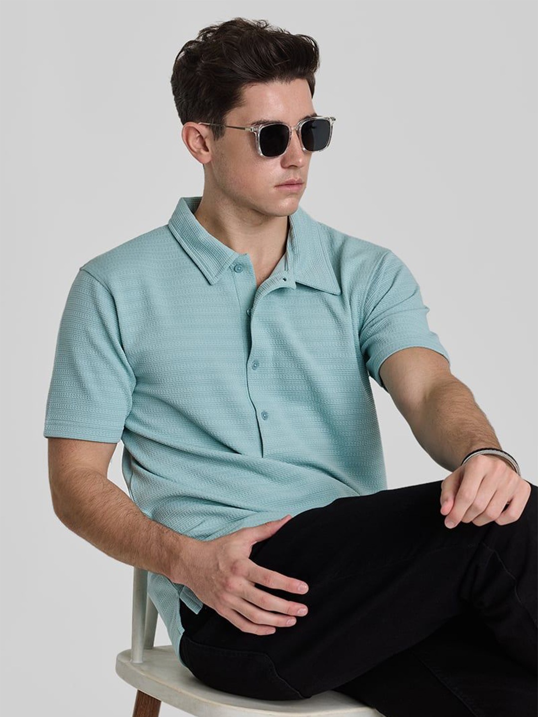 

Snitch Turquoise Blue Polo Collar Slim Fit Self Design T-shirt
