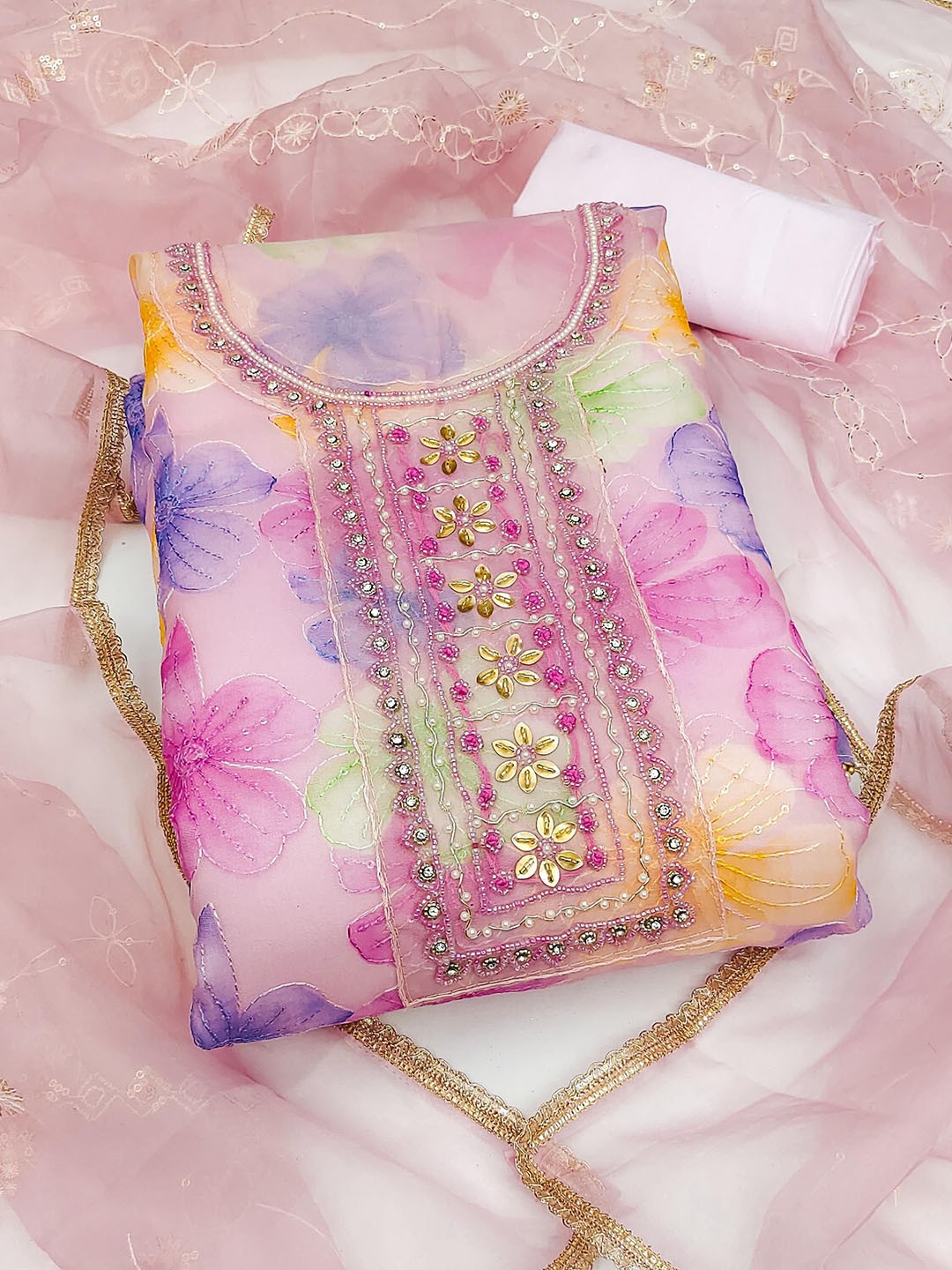 

SHADOW & SAINING Floral Printed Beads & Stones Organza Semi-Stitched Dress Material, Pink