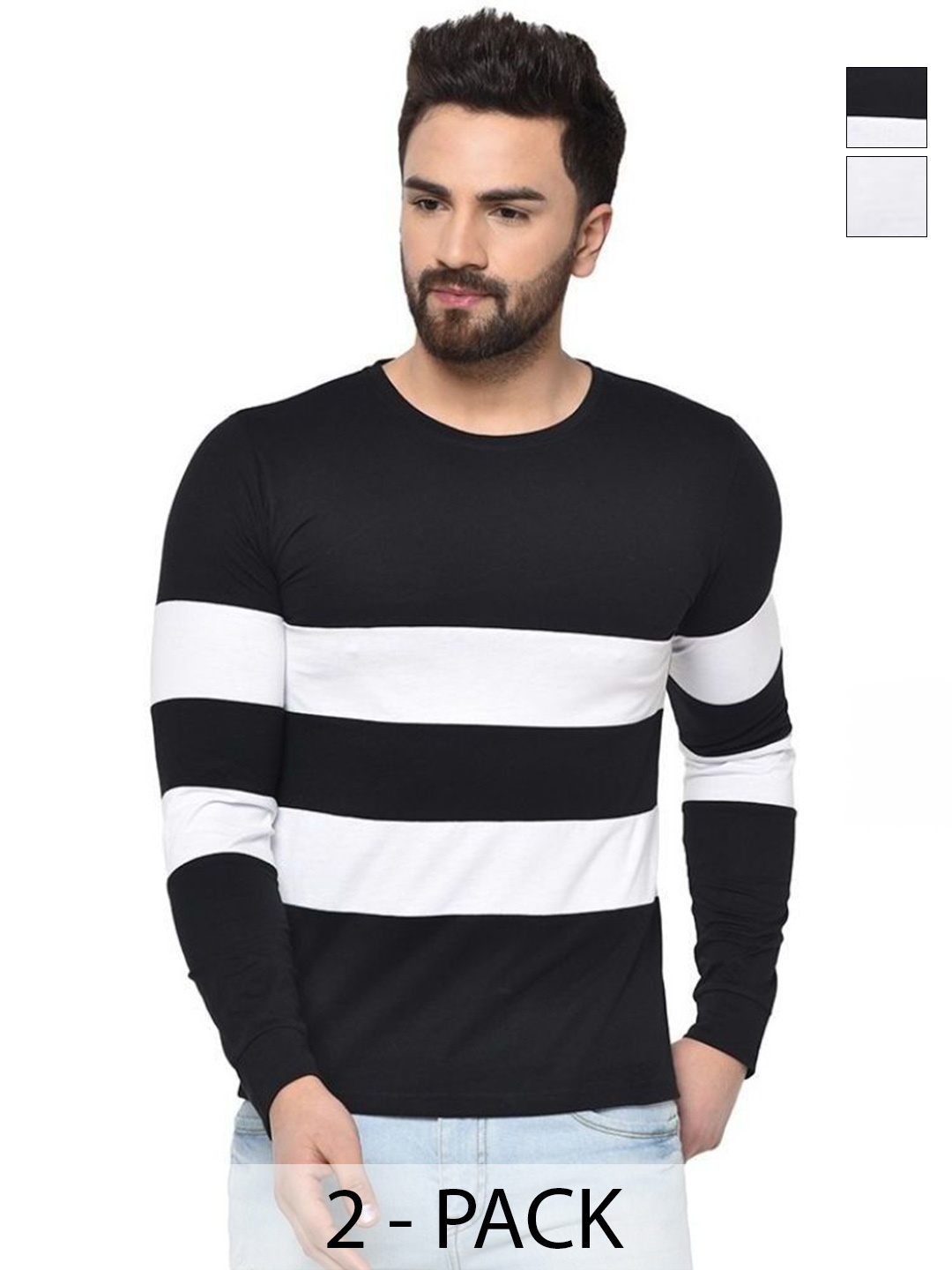 

Unicus Apparel Men Pack of 2 Striped Round Neck Cotton T-shirts, White