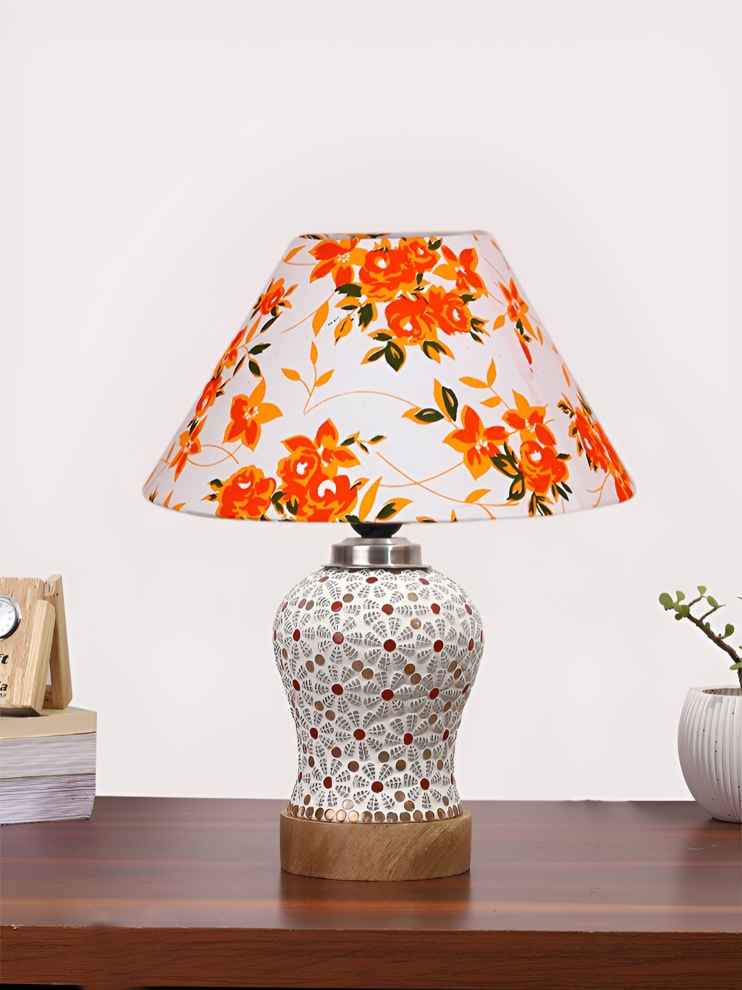 

Devansh White Floral Printed Wooden Frustum Shaped Table Lamp With Mosaic Glass Base