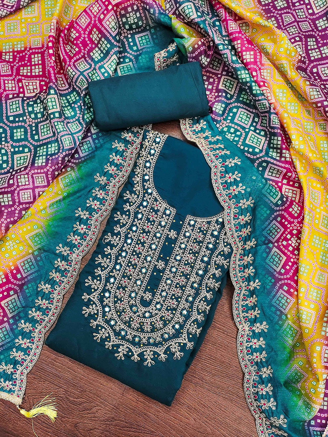 

SHADOW & SAINING Floral Embroidered Zari Roman Silk Semi-Stitched Dress Material, Teal