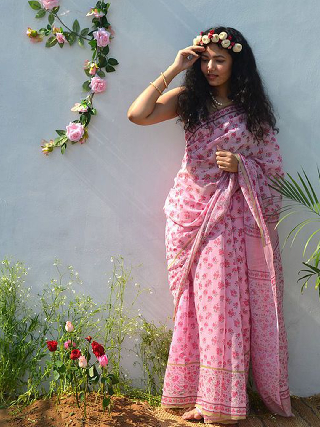 

ORUS Floral Printed Pure Cotton Saree, Pink