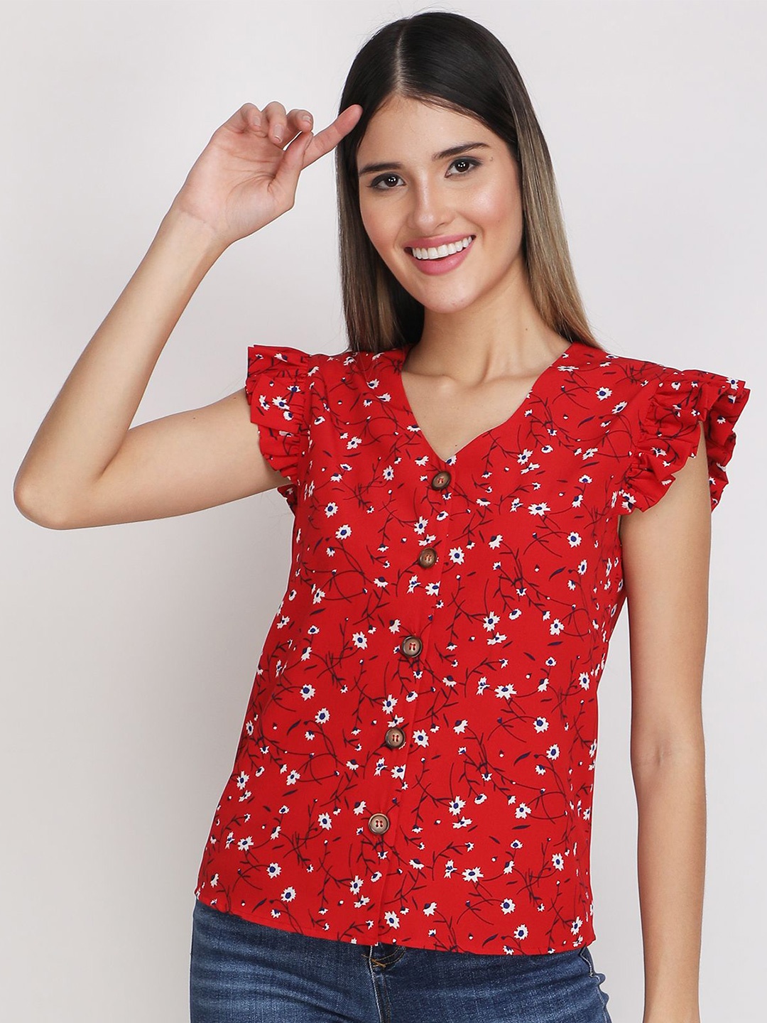 

JAKANARY Women Floral Print V Neck Flutter Sleeve Shirt Style, Red