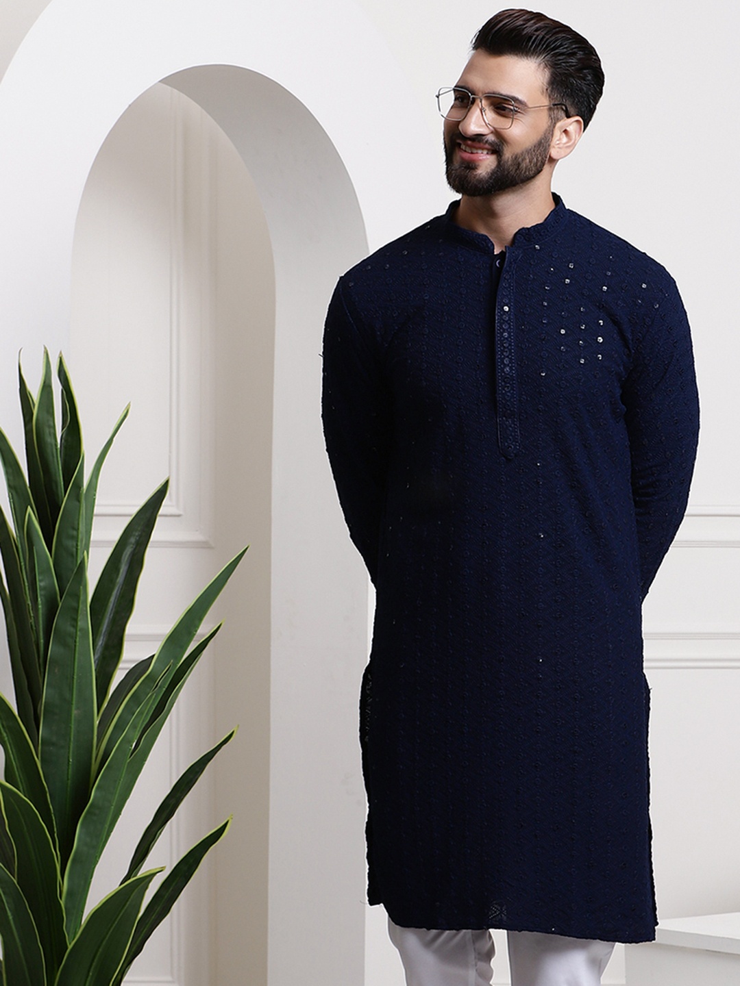 

SOJANYA Sequin Embellished Pure Cotton Kurta, Navy blue