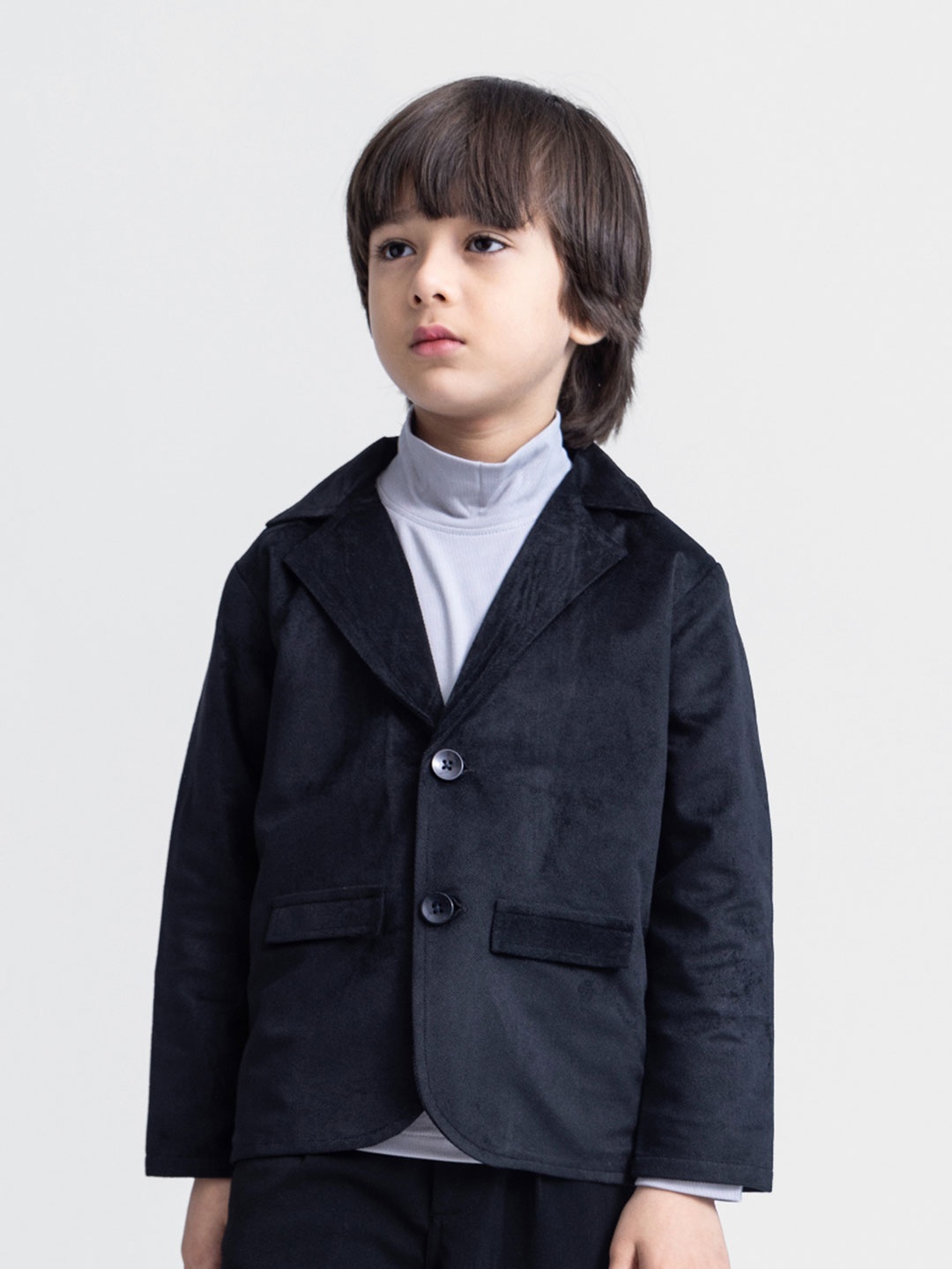 

taffykids Boys Single Breasted Full Sleeve Notched Lapel Blazer With High-Neck T-Shirt, Black