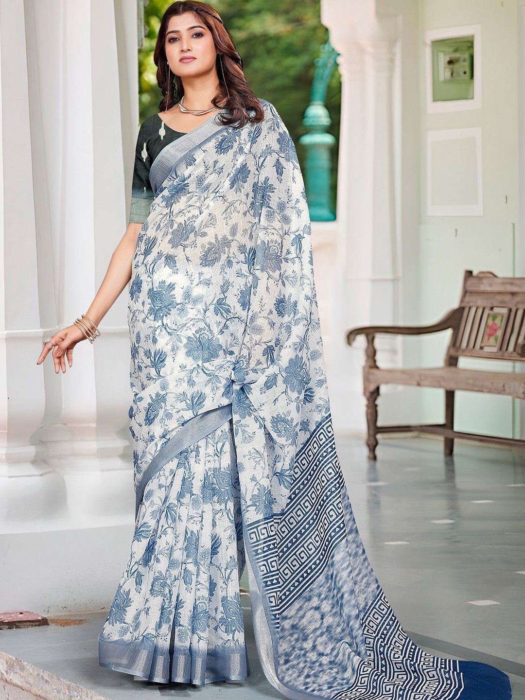 

ORUS Floral Printed Zari Pure Cotton Saree, Blue