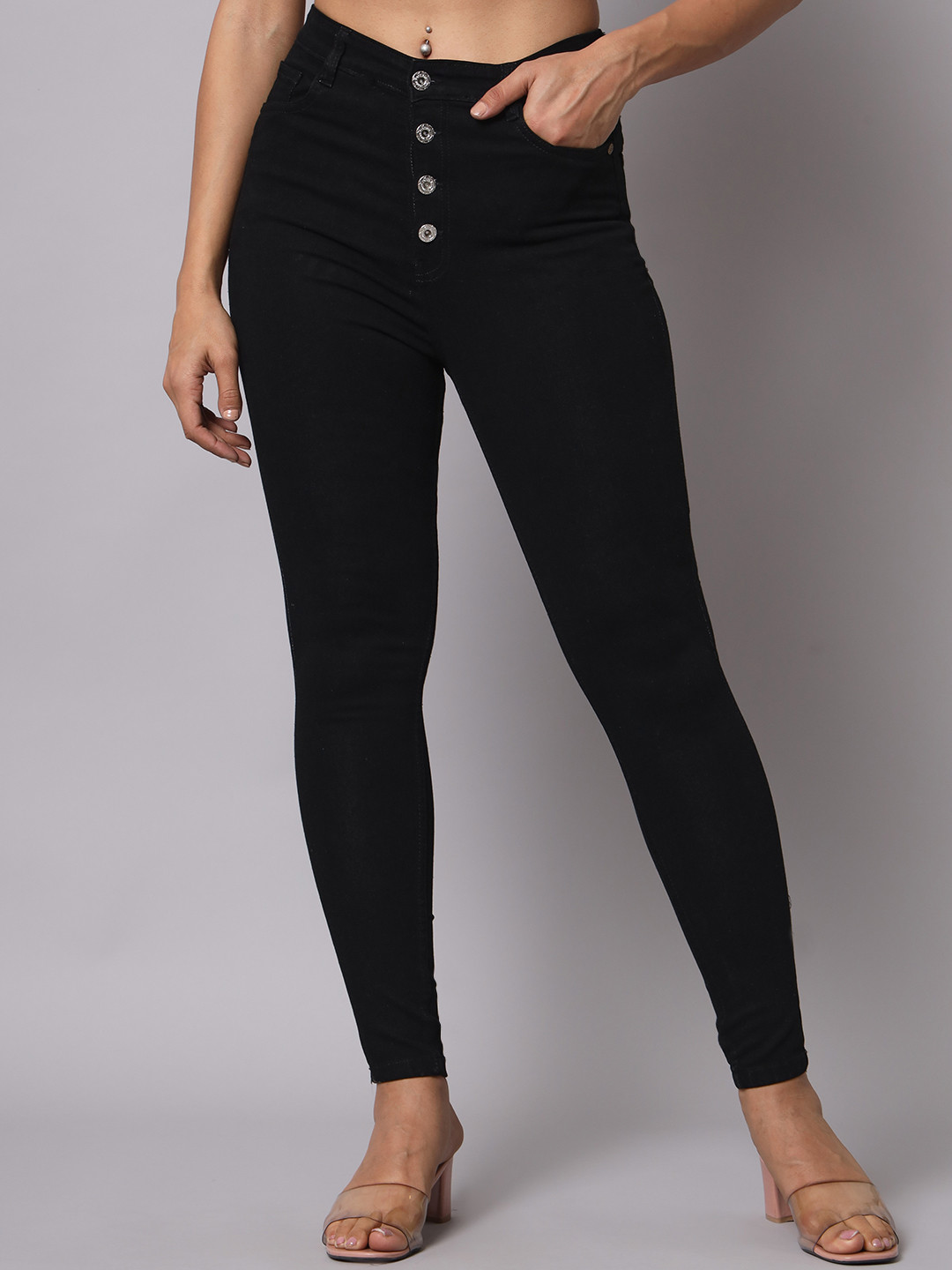 

Mast & Harbour Women Slim Fit High-Rise Clean Look Stretchable Jeans, Black