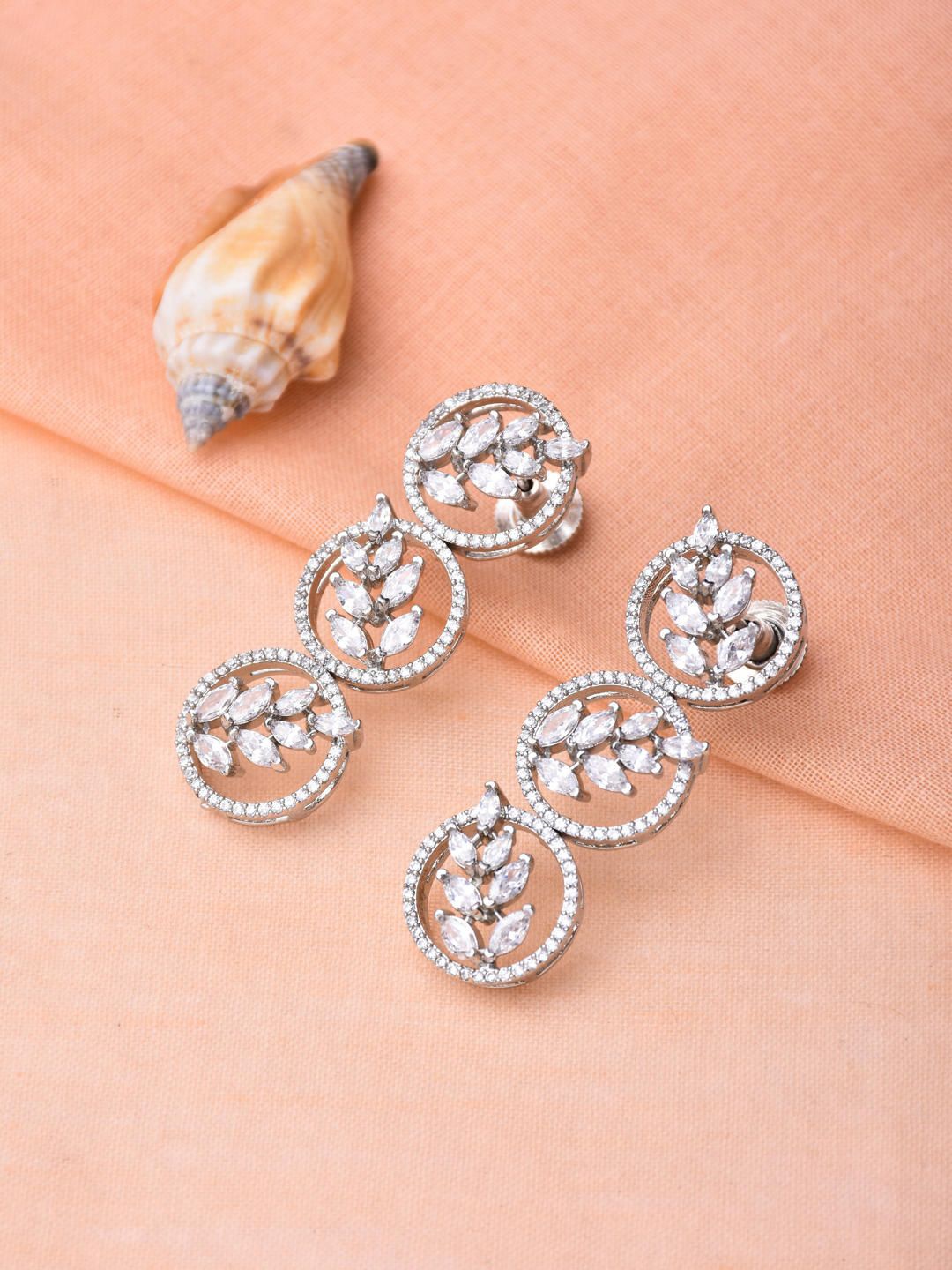 

Reenisaa Rhodium-Plated Artificial Stones Studded Circular Shaped Drop Earrings, Silver