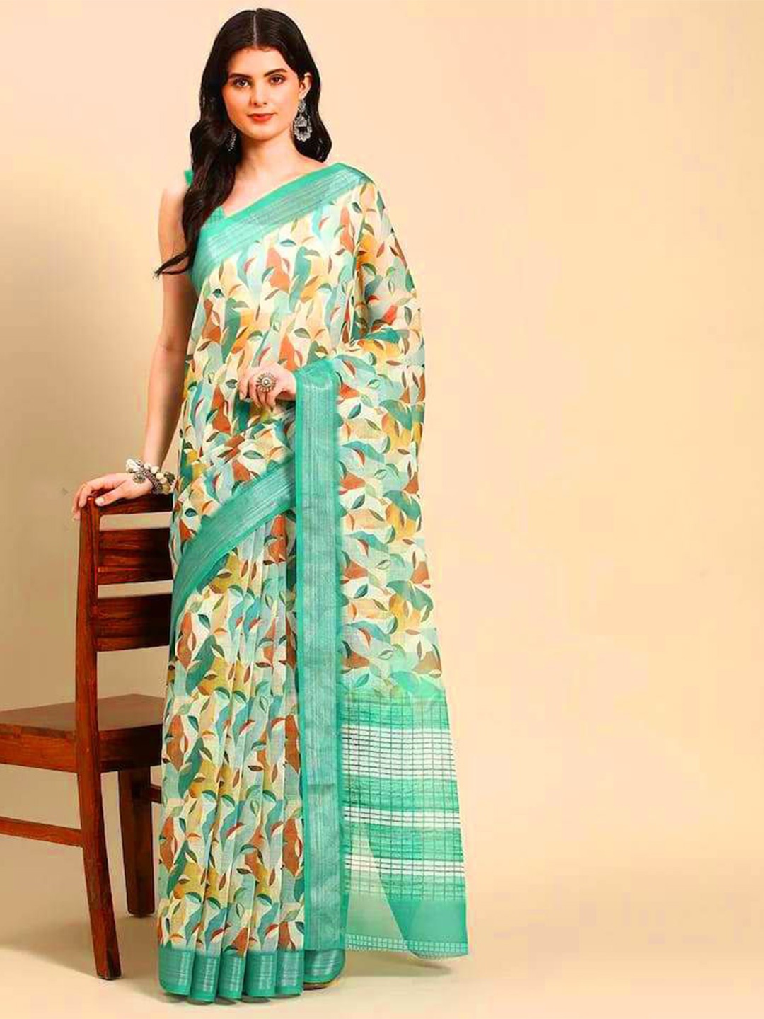 

ORUS Floral Printed Pure Cotton Saree With Unstitched Blouse Piece, Green