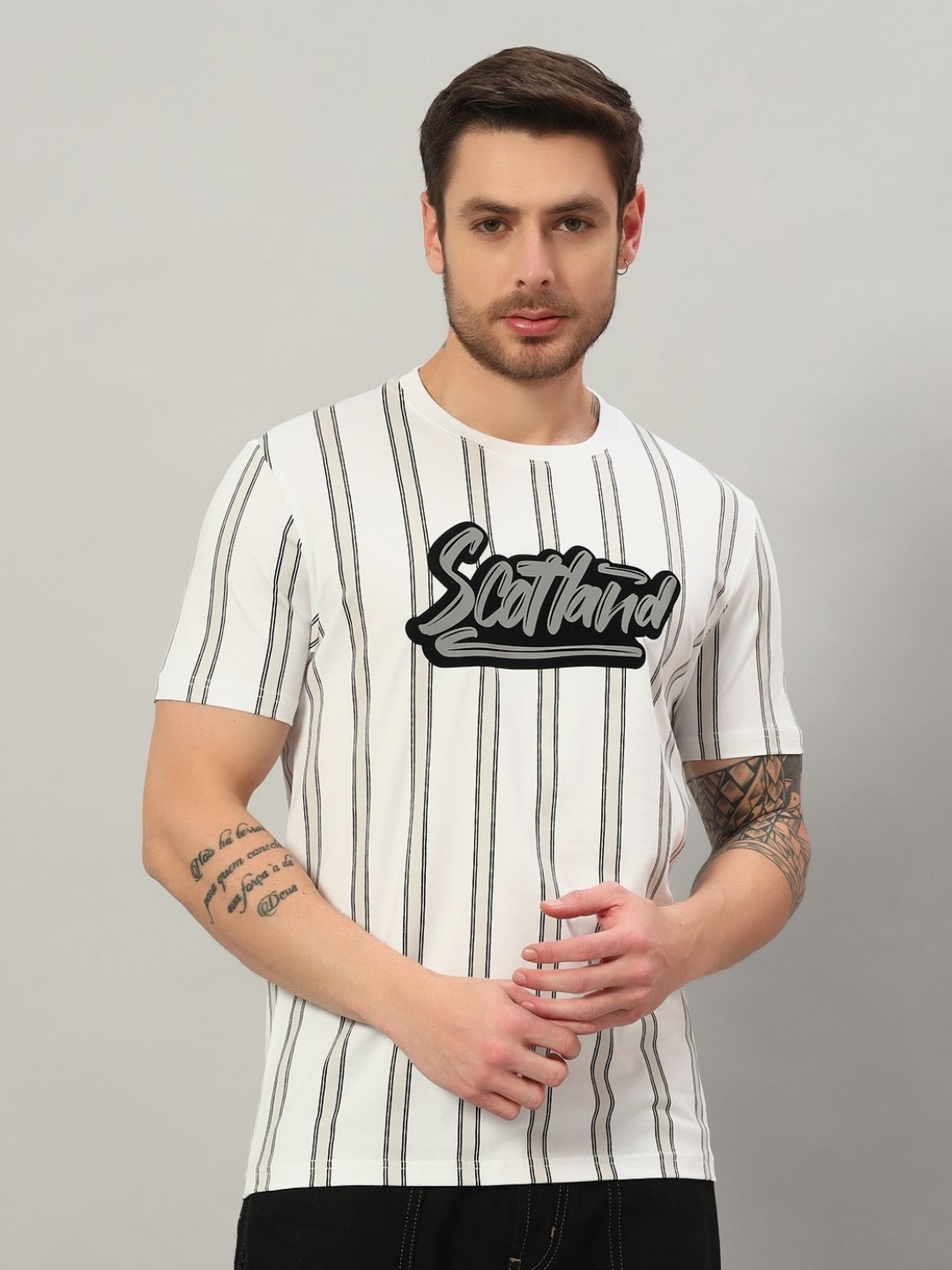 

PROFY Men Striped Round Neck Cotton T-shirt, White