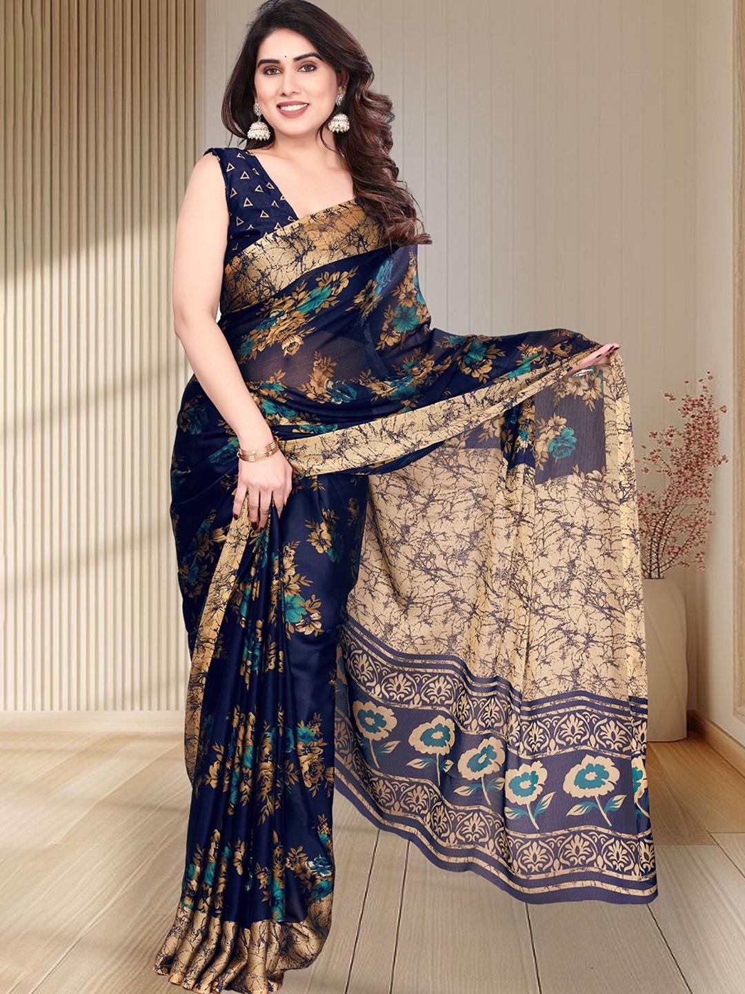 

MAGNEITTA Floral Printed Pure Chiffon Saree, Navy blue