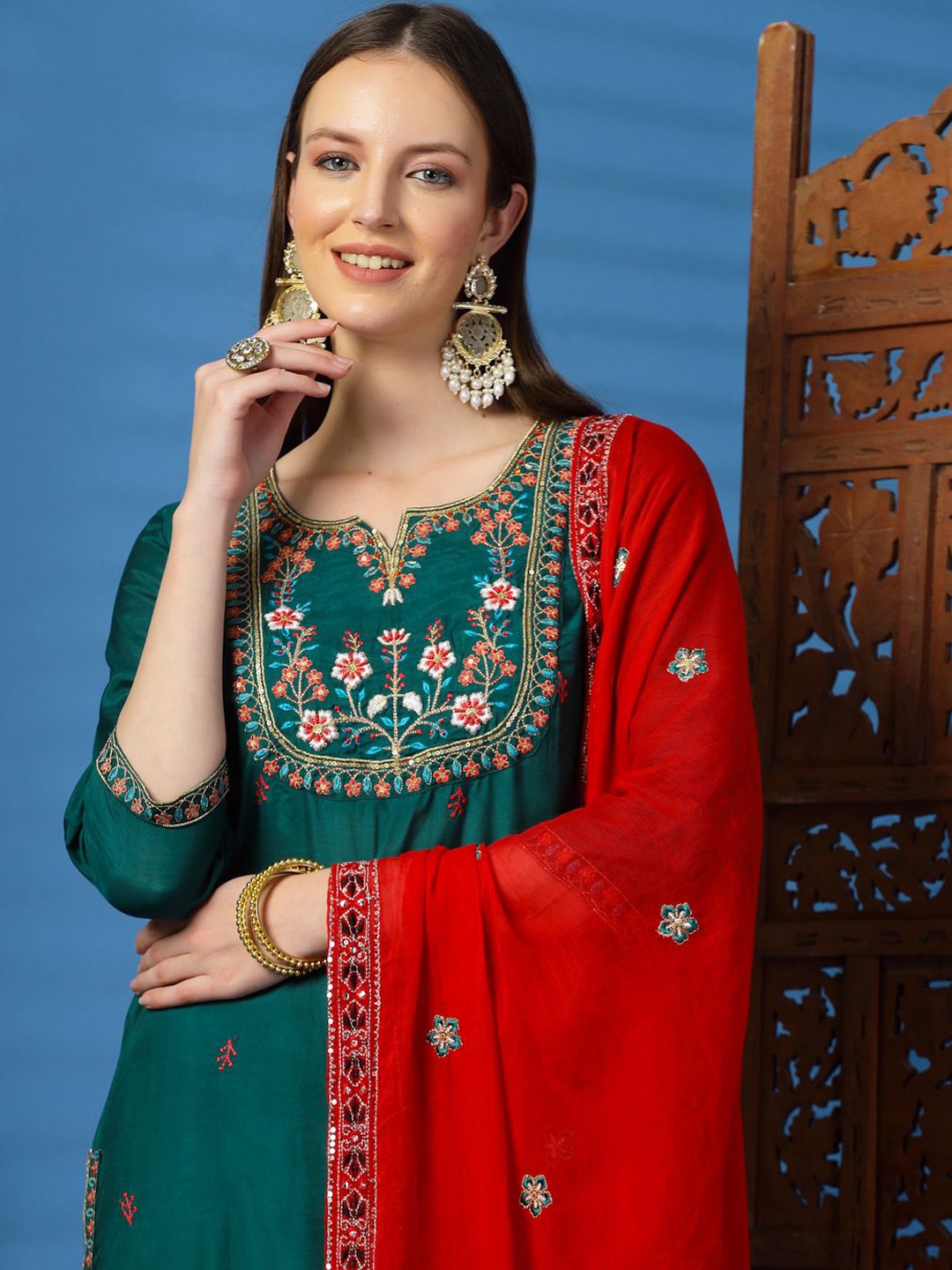 

Sangria Floral Embroidered Sequinned Straight Kurta with Trouser & Dupatta, Green