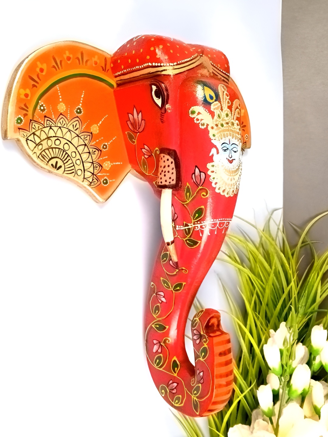 

apka mart Red & Orange-Colored Elephant Head Printed Wooden Wall Hanging