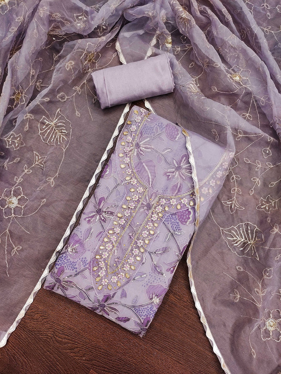 

SHADOW & SAINING Printed Organza Semi-Stitched Dress Material, Lavender