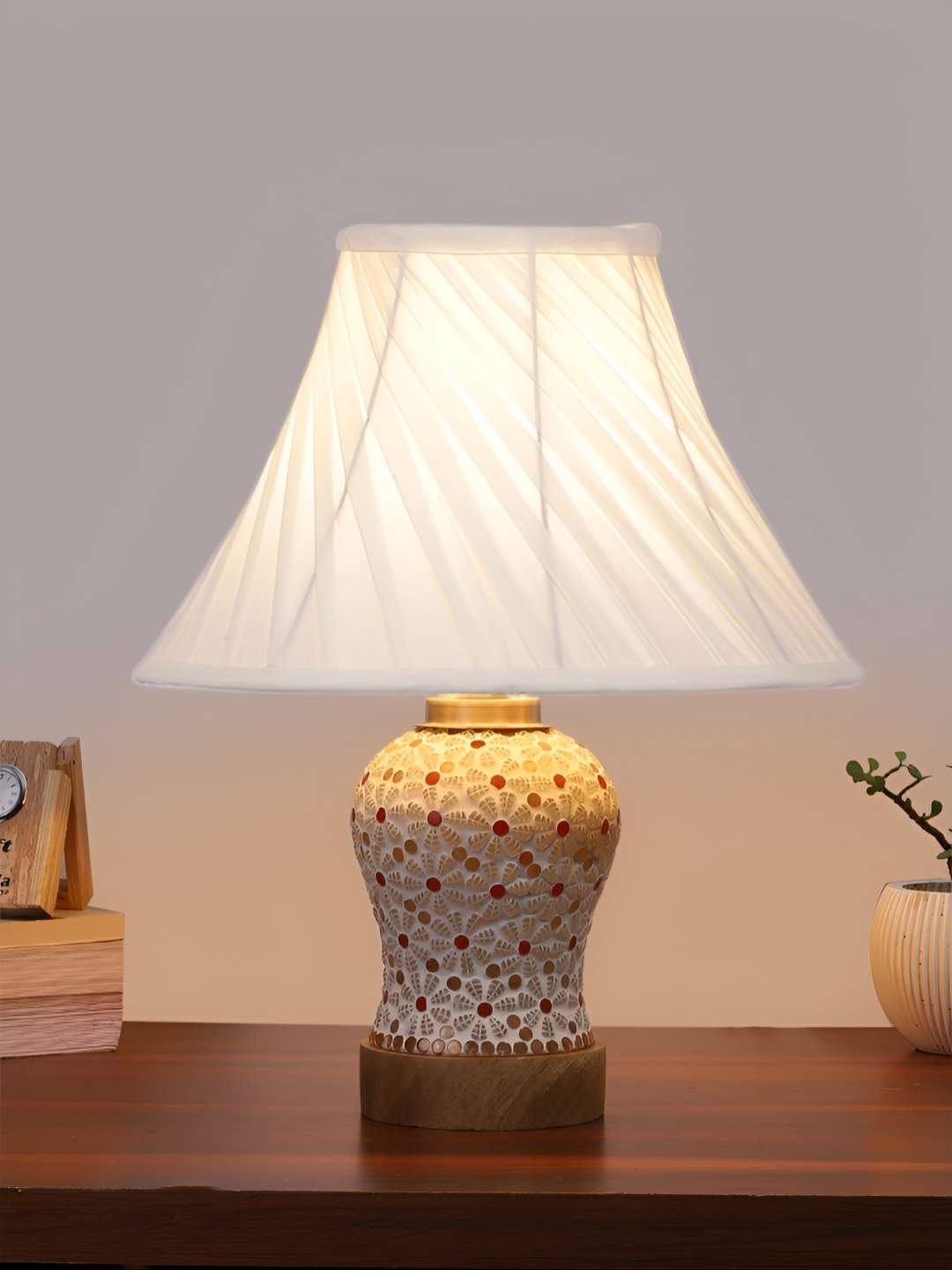 

Devansh Off White Printed Frustum Shaped Wooden Table Lamp