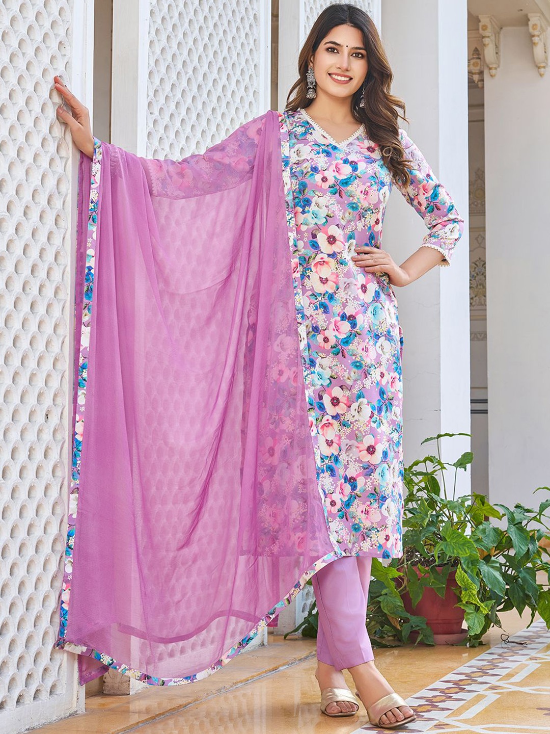 

Moda Rapido Floral Printed V Neck Straight Kurta With Trousers And Dupatta, Purple