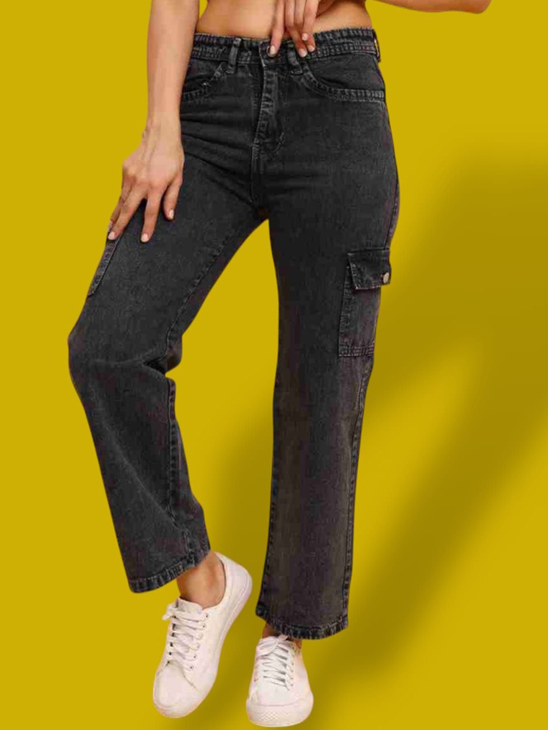 

1DAYJEANS Women Cotton Straight Fit High-Rise Stretchable Jeans, Black