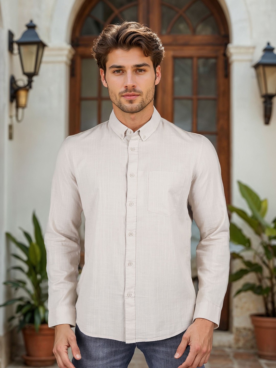

Celio Classic Button-Down Collar Long Sleeves Cotton Shirt, Beige