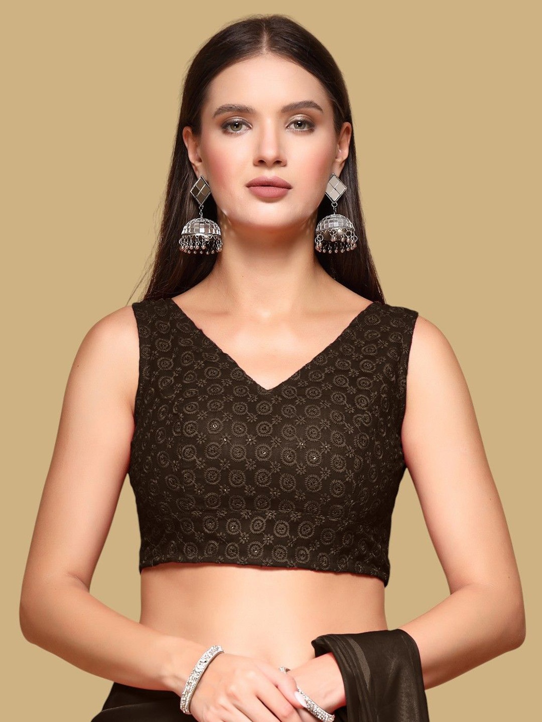 

Oomph! Embroidered Jacquard Traditional Saree Blouse, Brown