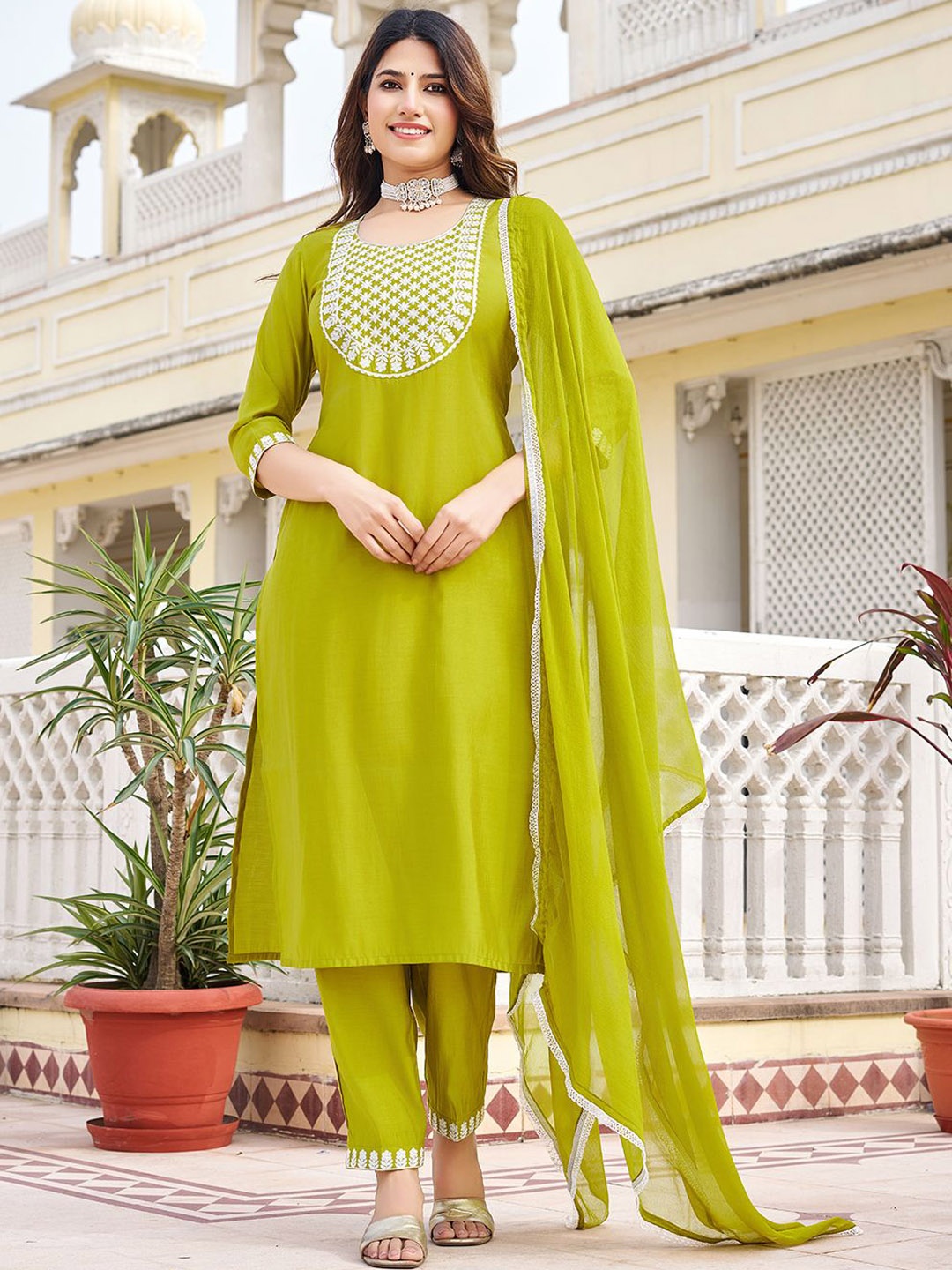 

Moda Rapido Floral Embroidered Thread Work Round Neck Kurta with Trousers & Dupatta, Olive