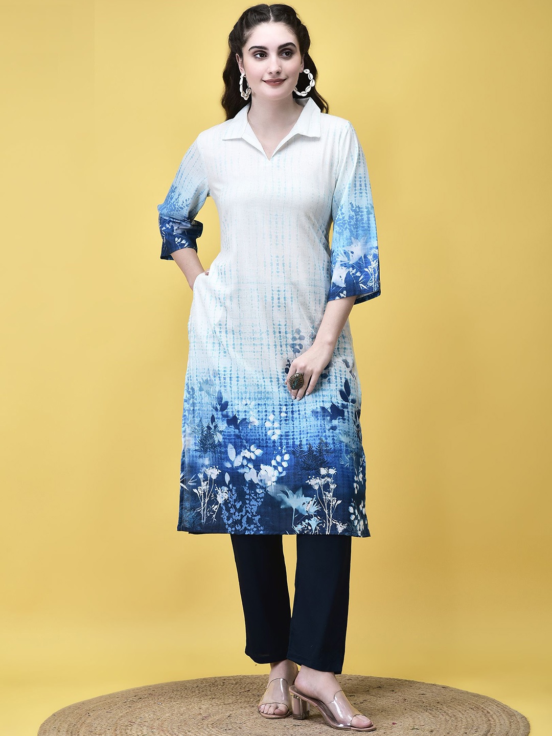 

Shree Floral Printed Shirt Collar Straight Kurta, Off white