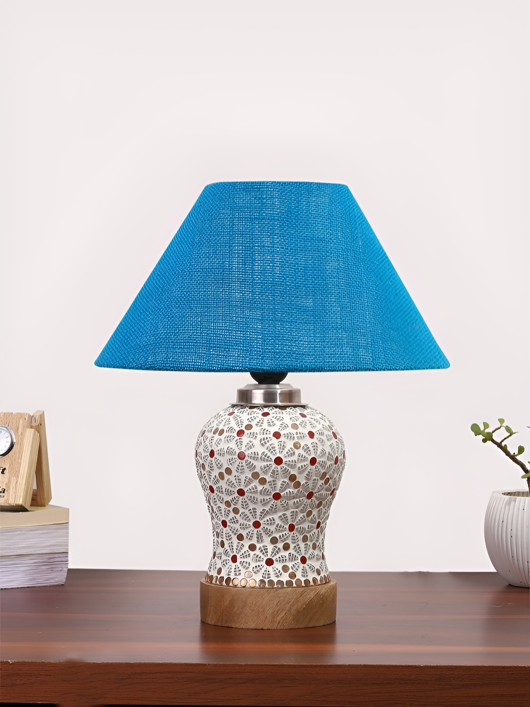 

Devansh Turquoise Blue Textured Wooden Frustum Shaped Table Lamp With Mosaic Glass Base