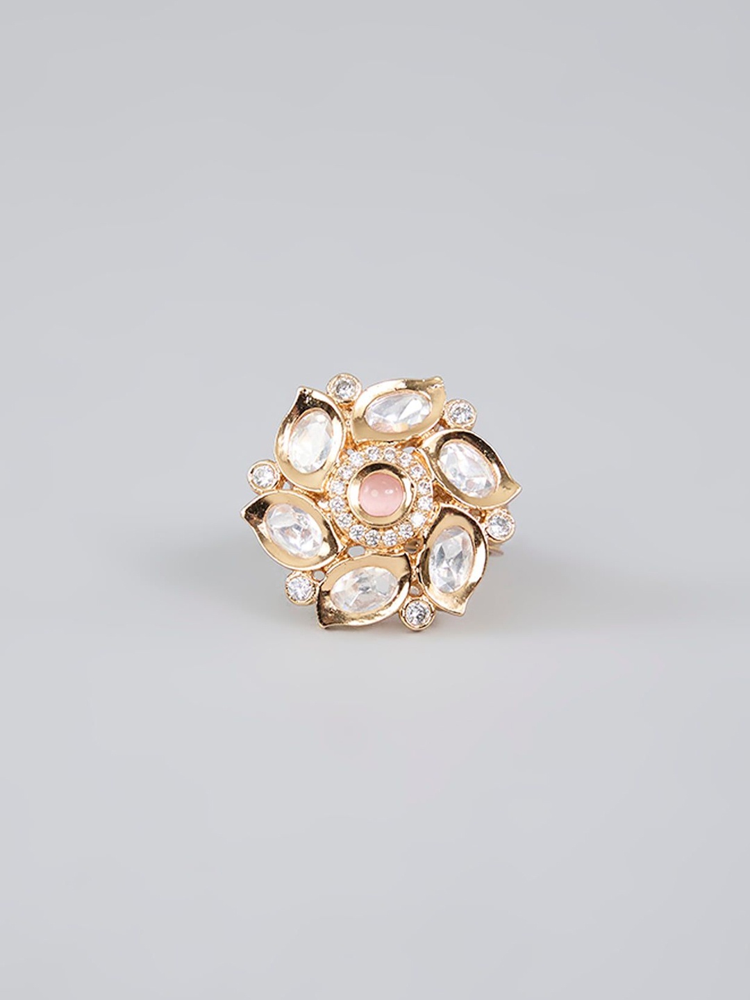 

AURAA TRENDS Gold-Plated Kundan Studded & Beaded Floral Moissanite Ring