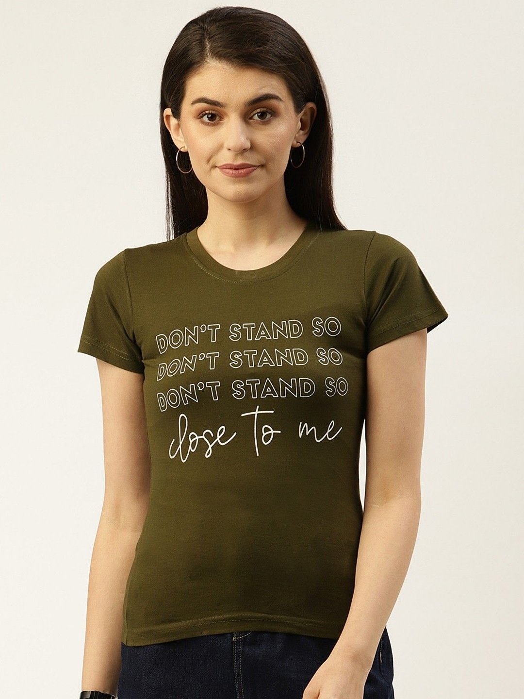 

Moda Rapido Women Typography Printed Round Neck Cotton T-shirt, Olive