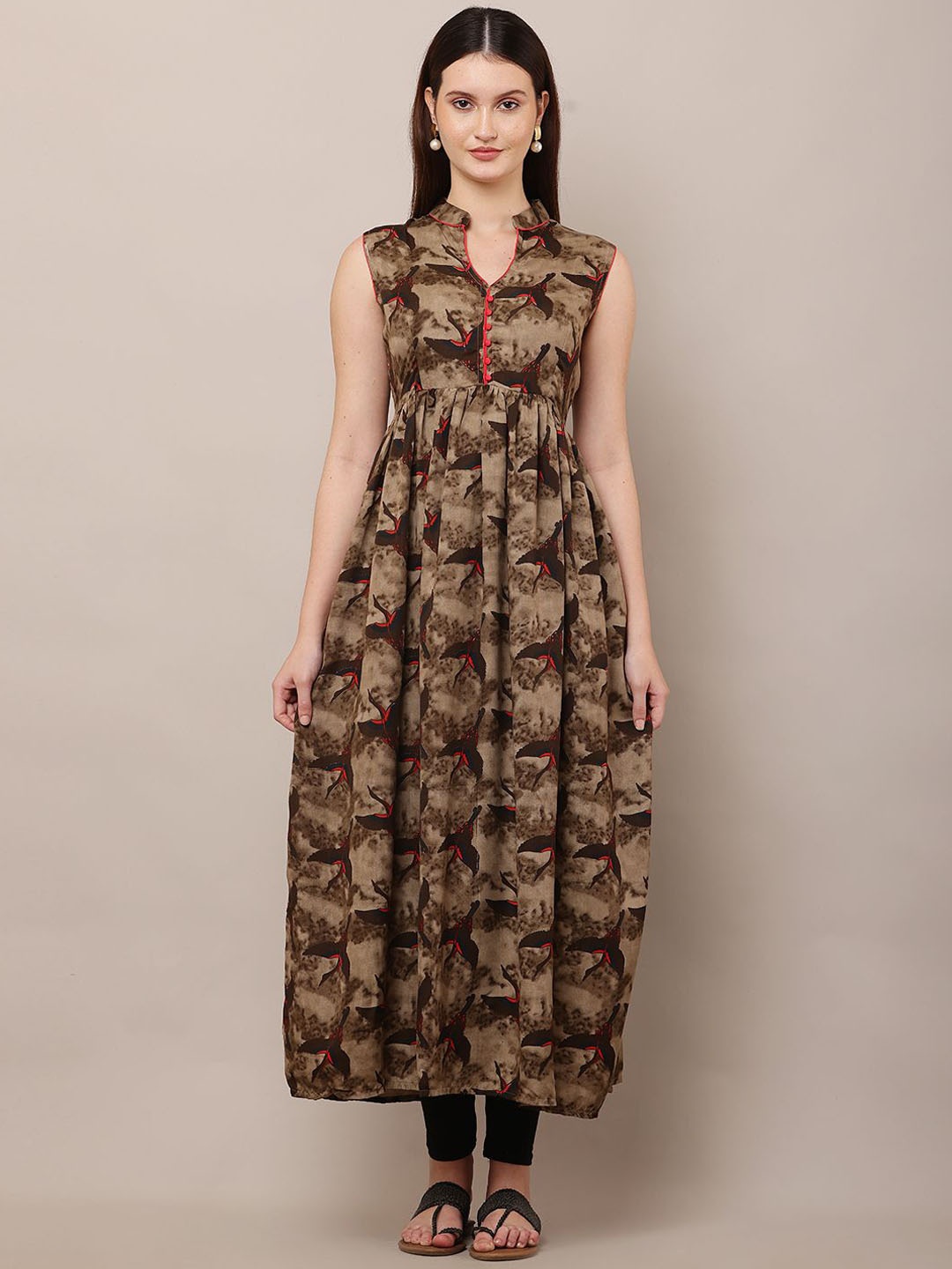 

EZIS FASHION Floral Printed Mandarin Collar Sleeveless Pure Cotton Anarkali Kurta, Brown