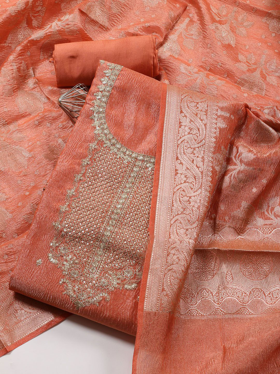 

Meena Bazaar Floral Embroidered Sequinned Tissue Unstitched Dress Material, Peach
