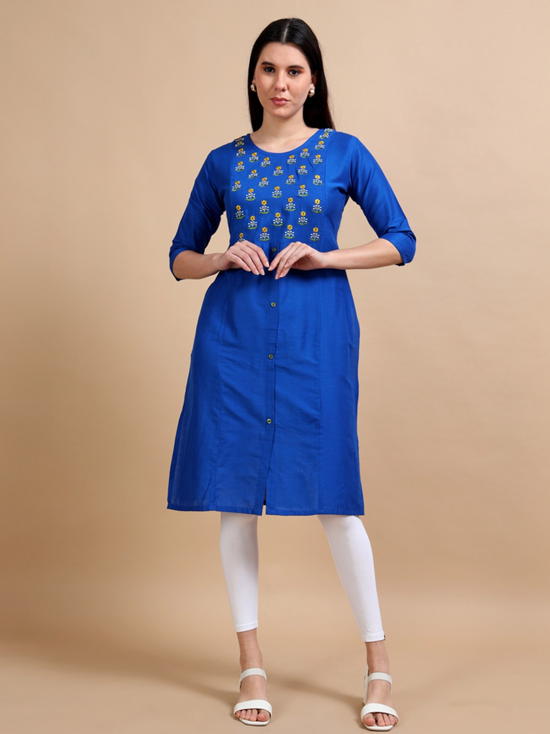 

MIRAAN Floral Yoke Design Thread Work Straight Kurta, Blue