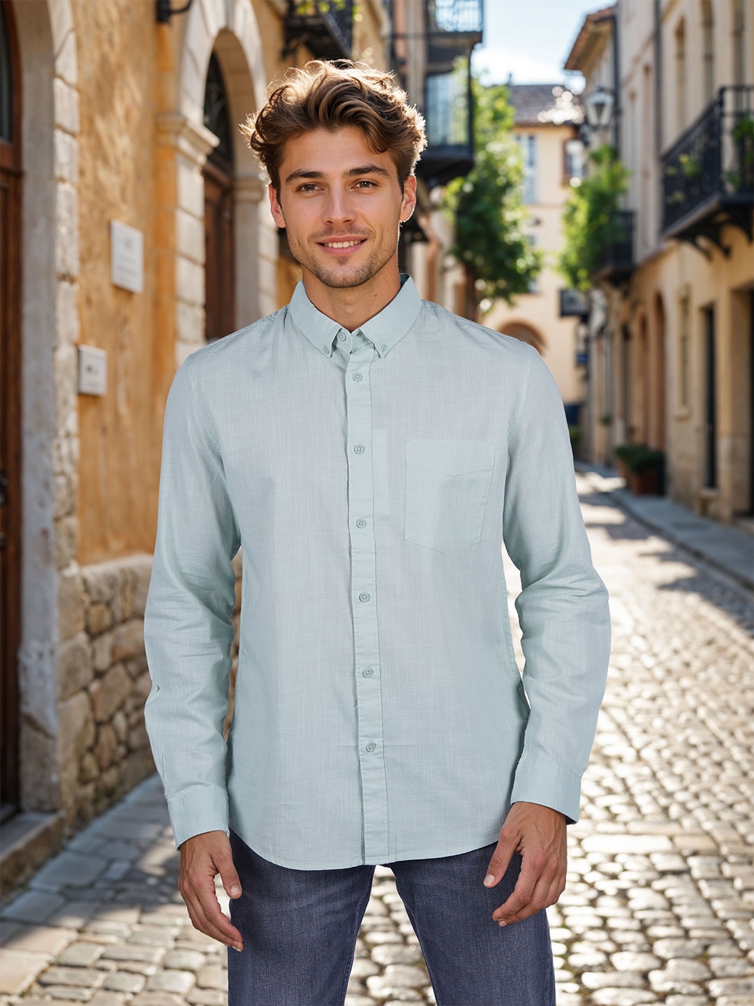 

Celio Classic Button-Down Collar Long Sleeves Cotton Shirt, Green