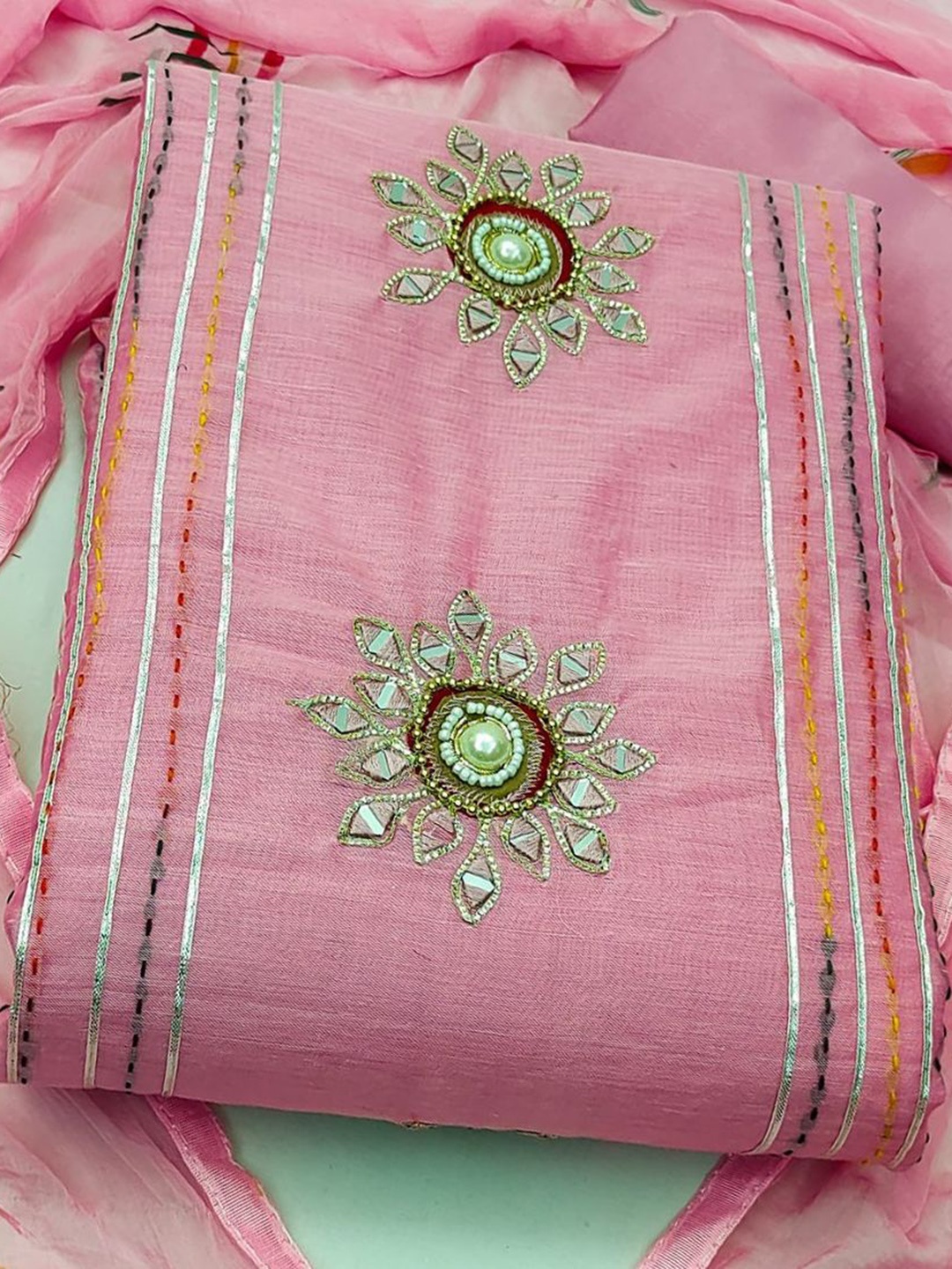 

SHADOW & SAINING Floral Embroidered Zari Work Unstitched Dress Material, Pink