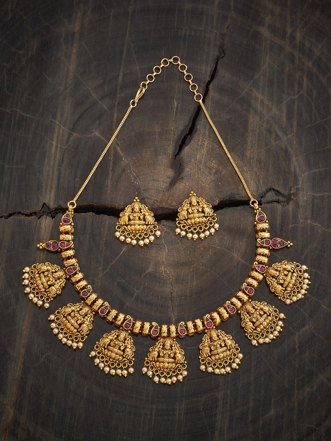 

Kushal's Fashion Jewellery Gold-Plated Ruby Studded Ethnic Antique Jewellery Set